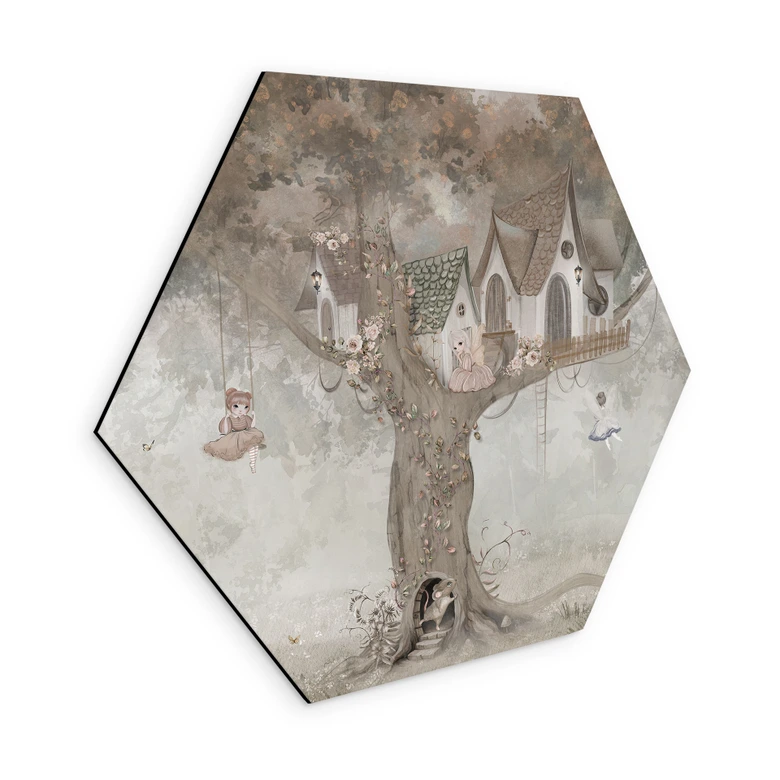 Hexagon Wandbild Magisches Baumhaus mit Feen - Ms Tiff - Alu-Dibond 