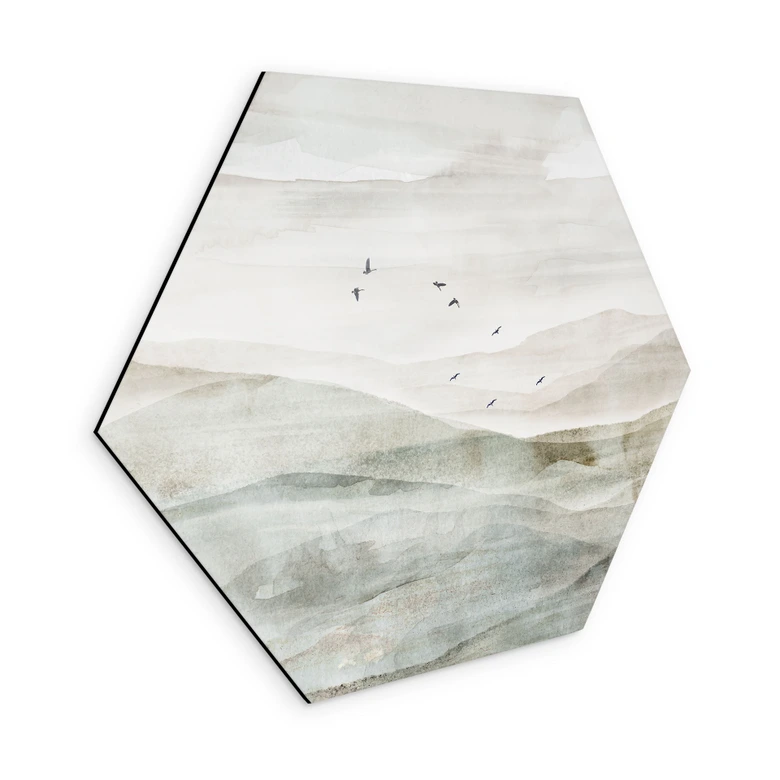Hexagon Wandbild Neblige Berglandschaft Aquarell - Ms Tiff - Alu-Dibond 