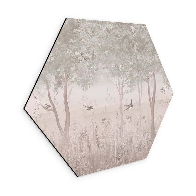 Hexagon Wandbild Sommerliche Schwalben im Blütenwald - Ms Tiff - Alu-Dibond 