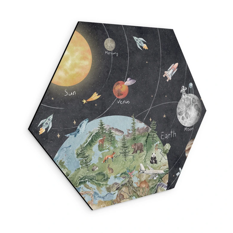 Hexagon Wandbild Sonnensystem mit Planeten und Erde - Ms Tiff - Alu-Dibond 