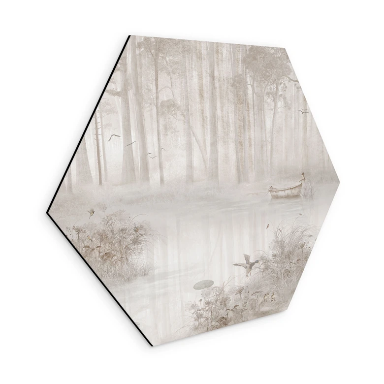 Hexagon Wandbild Wald am See im Nebel in Beige - Ms Tiff - Alu-Dibond 