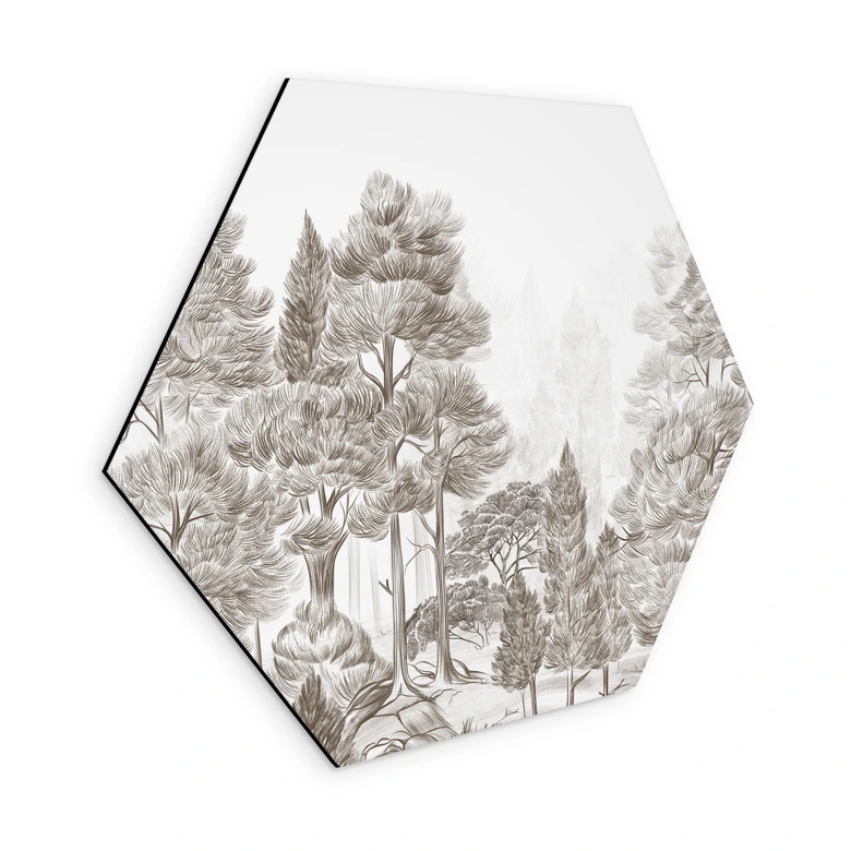 Hexagon Wandbild Wald mit Waldlandschaft in Beige - Ms Tiff - Alu-Dibond 