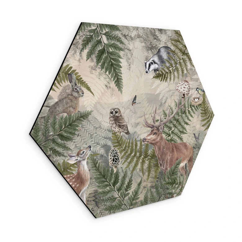 Hexagon Wandbild Waldtiere zwischen Farn und Blättern - Ms Tiff - Alu-Dibond 