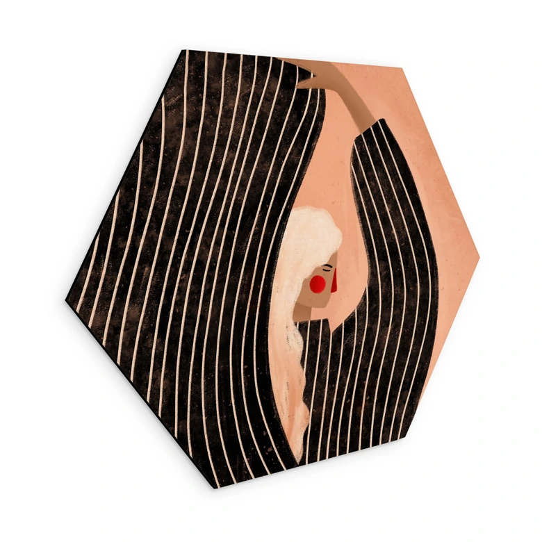 Hexagon Wandbild Frau mit schwarzem Streifenkleid - Müller - Alu-Dibond 