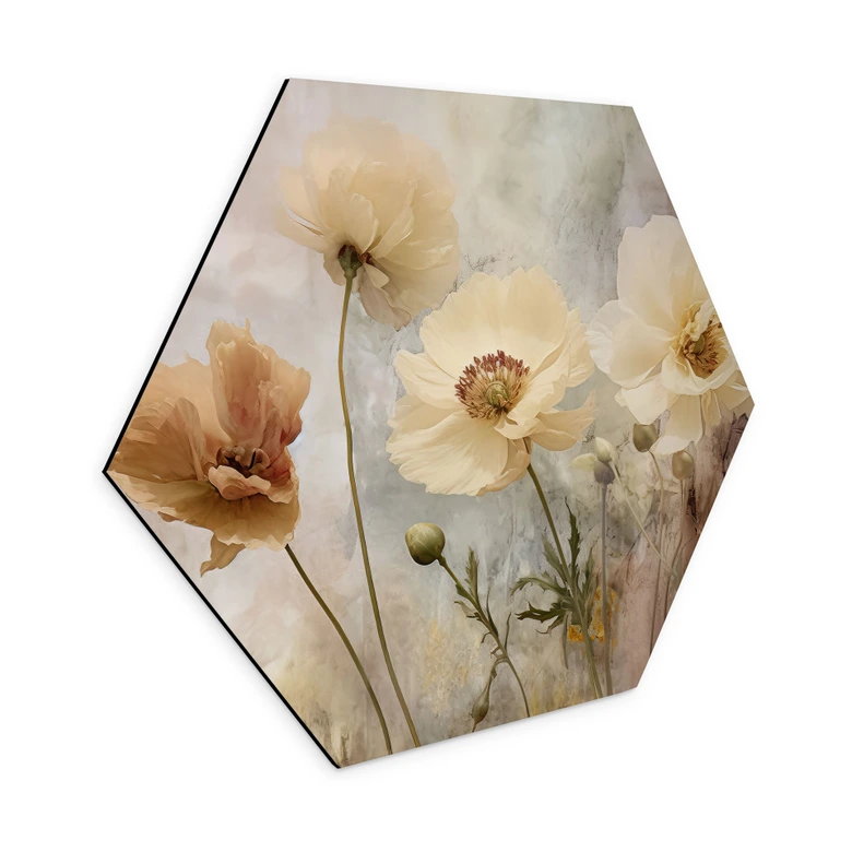 Hexagon Wandbild Blumenpracht in warmen Pastelltönen - Paksoylu - Alu-Dibond 
