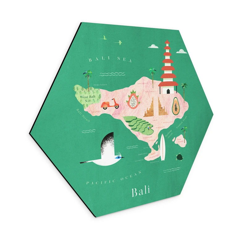 Hexagon Wandbild Karte von Bali - Rivers - Alu-Dibond 