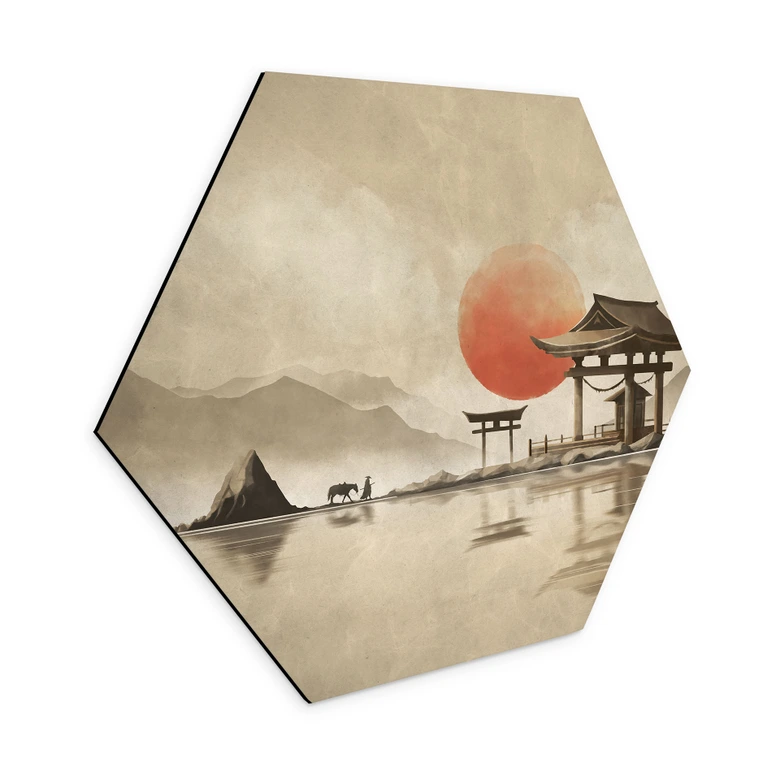 Hexagon Wandbild Japanischer Tempel im Sonnenaufgang - Roze - Alu-Dibond 