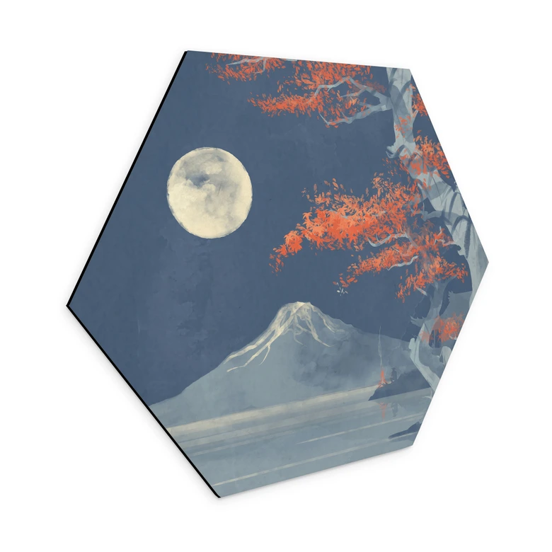 Hexagon Wandbild Vollmond über dem Gipfel des Fuji-san - Roze - Alu-Dibond 
