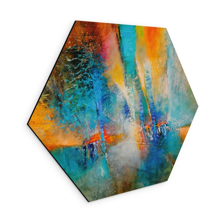 Hexagon Wandbild Urbanes Licht in Blau und Orange - Schmucker - Alu-Dibond 