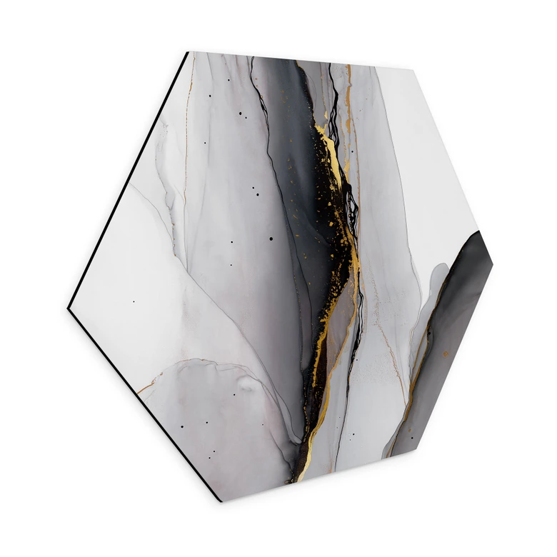 Hexagon Wandbild Abstrakte Komposition in Gold und Grau - Shelest - Alu-Dibond 
