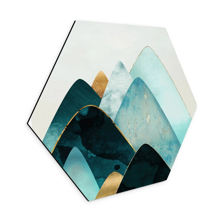 Hexagon Dibond Abstracte bergen in goud en blauw - SpaceFrog Designs 