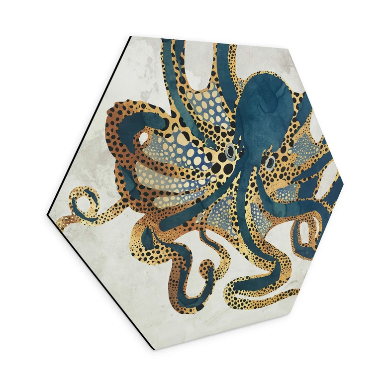 Hexagon Wandbild SpaceFrog Designs - Goldener Oktopus - Alu-Dibond 
