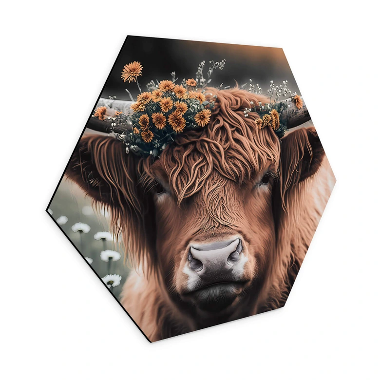 Hexagon Wandbild Treechild - Hochlandkuh mit Blütenkranz - Alu-Dibond 