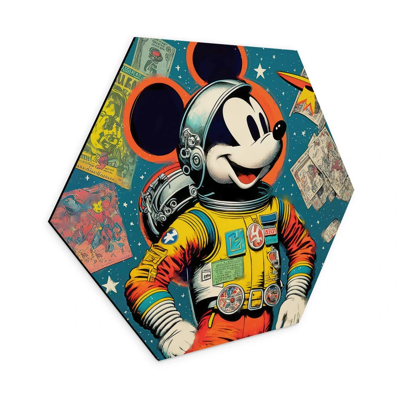 Hexagon Wandbild Treechild - Mickey als Astronaut im Retro Stil - Alu-Dibond 