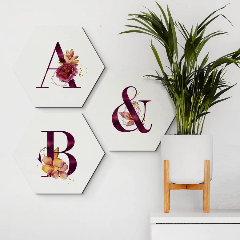 Hexagone - Alu-Dibond Lettres alphabet fleuri bordeau 