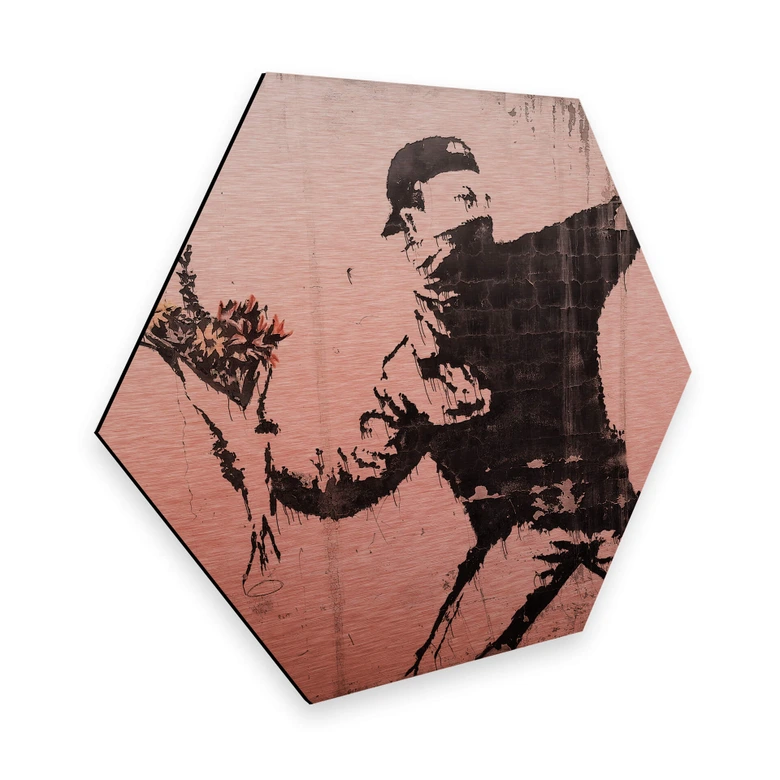 Hexagon - Alu-Dibond- koper effect Banksy - Flower Thrower 