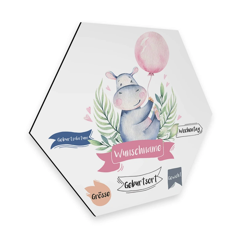 Hexagon - Alu-Dibond Wunschtext + Kvilis - Flusspferd rosa Luftballon 