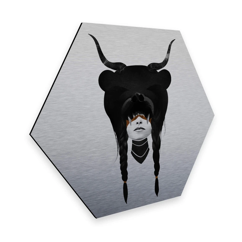 Hexagon - Alu-Dibond-Silbereffekt Ireland - Bear Warrior - Bärenkriegerin 