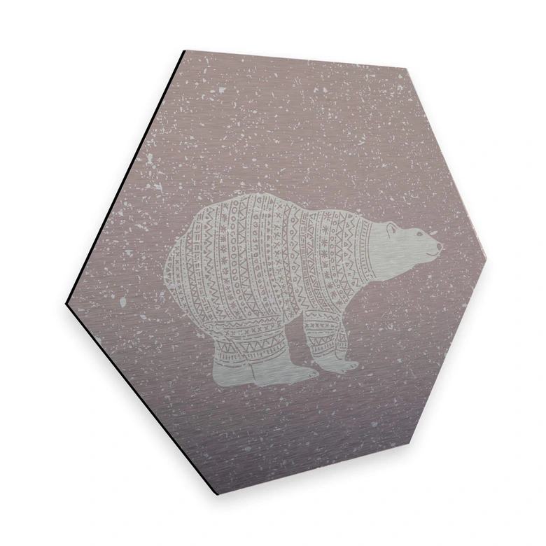 Hexagon - Alu-Dibond-Silbereffekt Polarbär Weiß 