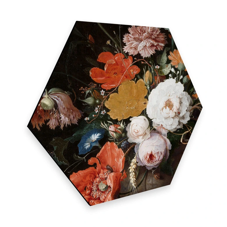 Hexagon - Alu-Dibond Mignon - Stillleben mit Blumen und einer Uhr 