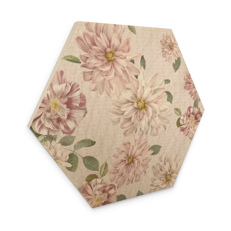 Hexagon Wood Print Dahlias Shabby Chic Pink - Bloomery Decor 