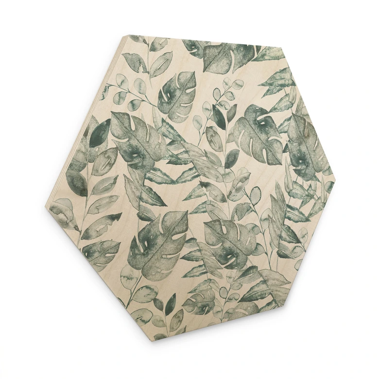 Hexagon Holzbild Dschungelblätter Aquarell Creme - Bloomery Decor 