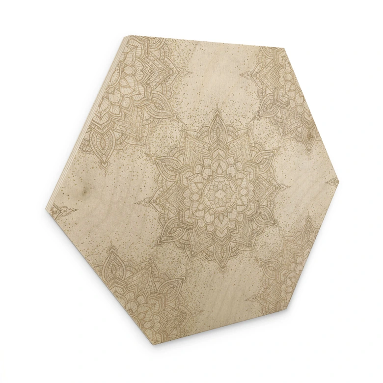 Tableau sur bois Hexagon Mandala élégant en or sable - Décor Bloomery 