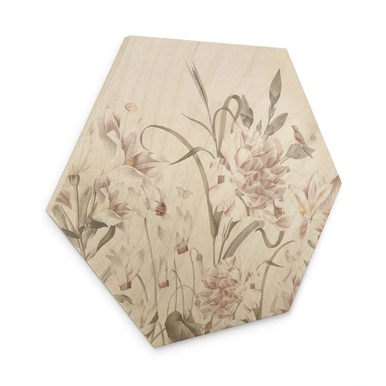Tableau sur bois hexagonal Prairie florale en rose clair - Décor Bloomery 