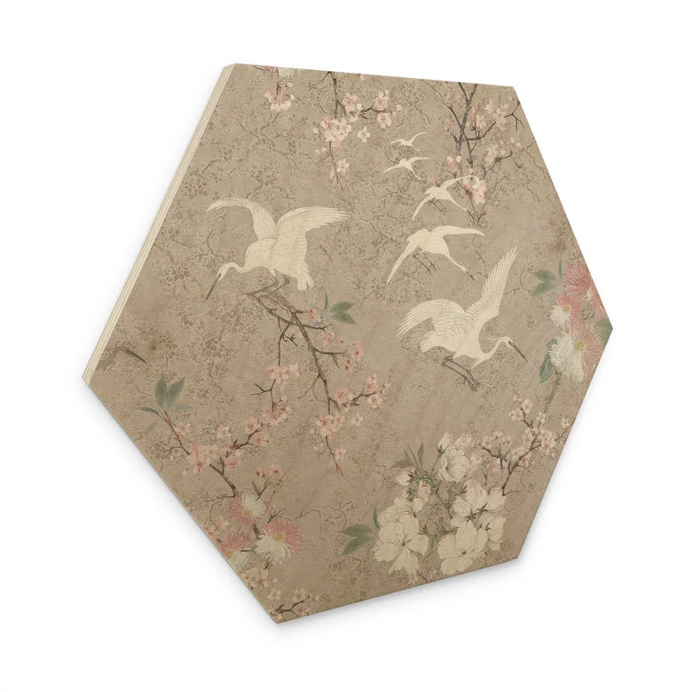 Hexagon Holzbild Kraniche im Kirschblüten-Rausch Beige - Bloomery Decor 