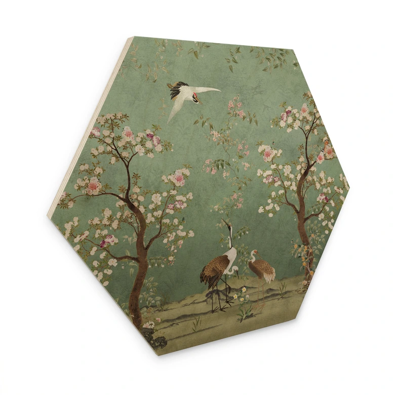 Hexagon Holzbild Kraniche in floraler Landschaft - Bloomery Decor 