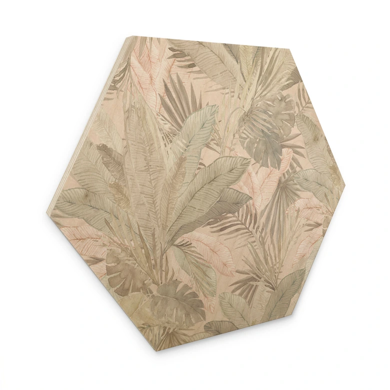 Hexagon Holzbild Tropenblätter im Dschungel Pastell - Bloomery Decor 