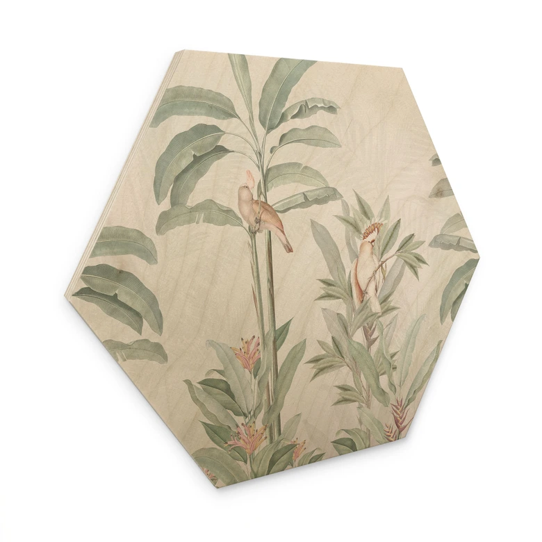 Hexagon Holzbild Tropischer Wald mit Kakadus - Bloomery Decor 