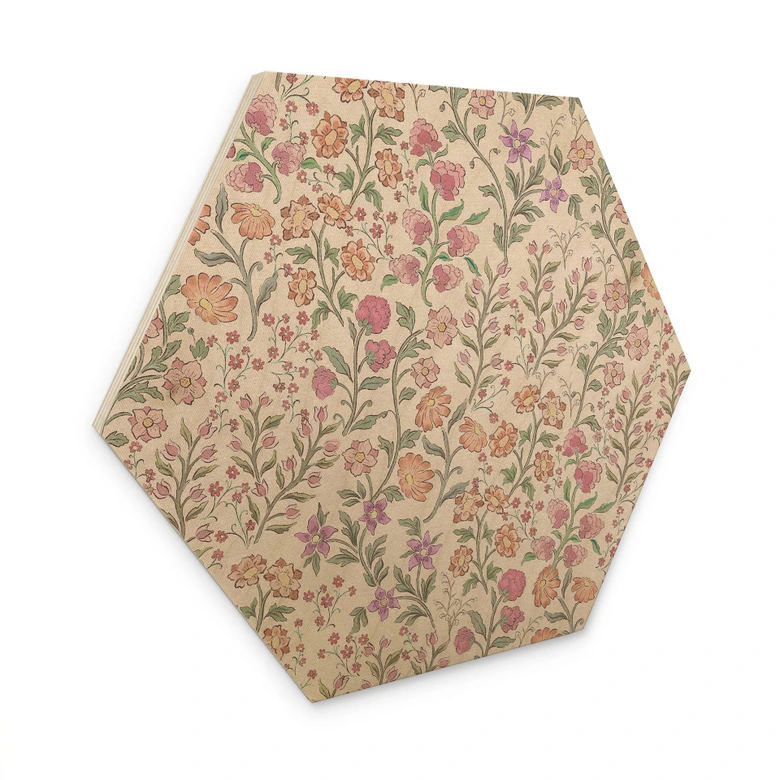 Hexagon Wood Print Meadow Flowers Vintage - Beige - Bloomery Decor 