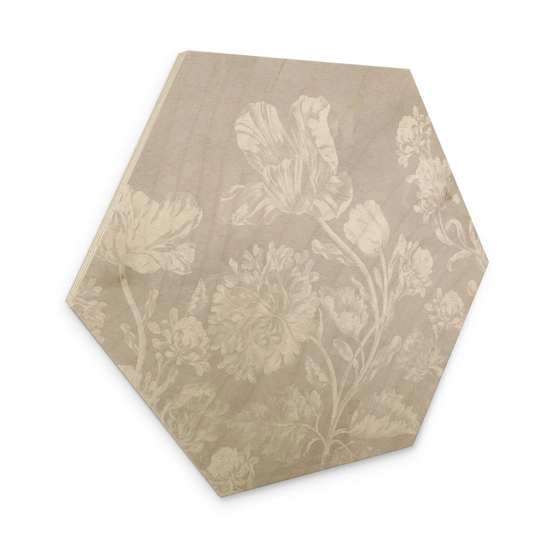 Hexagon Holzbild Wildblumen in Kreide-Optik Beige - Bloomery Decor 