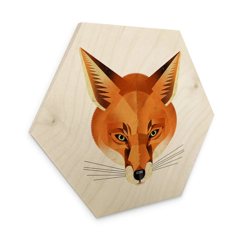 Hexagon Holzbild mit Tier-Motiv - Fuchs - Braun 