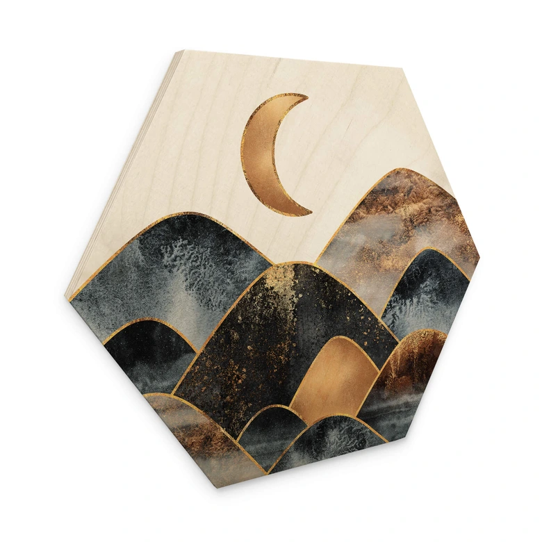 Hexagon Holzbild Fredriksson - Berge im goldenen Mondlicht 