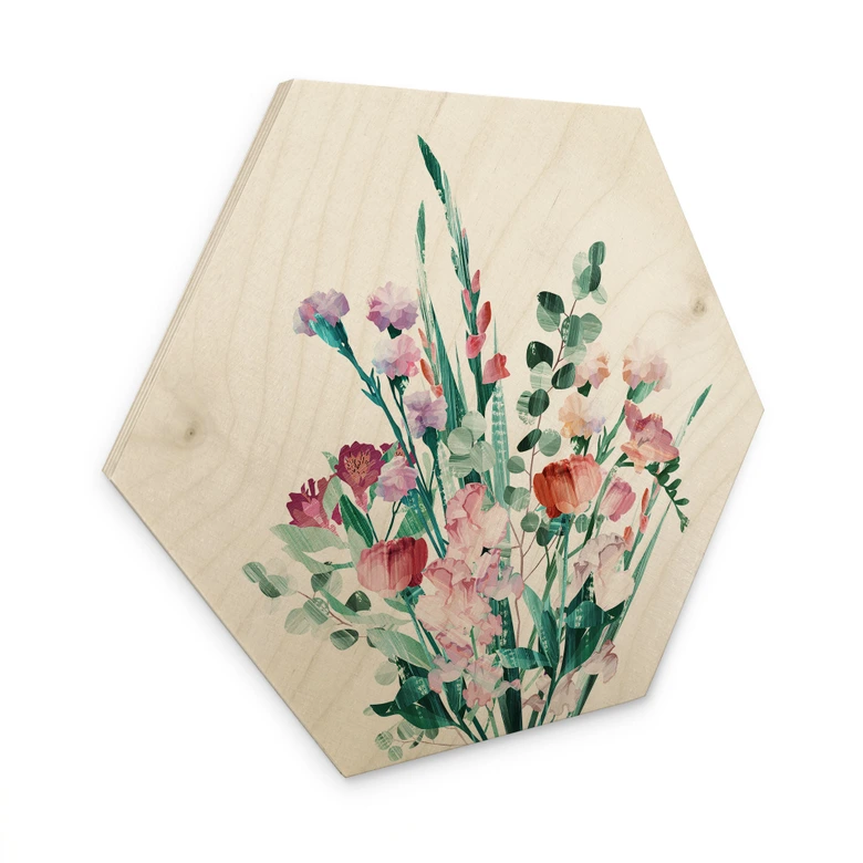 Hexagon Holzbild Wildblumen Bouquet im Frühling - Goed Blauw 