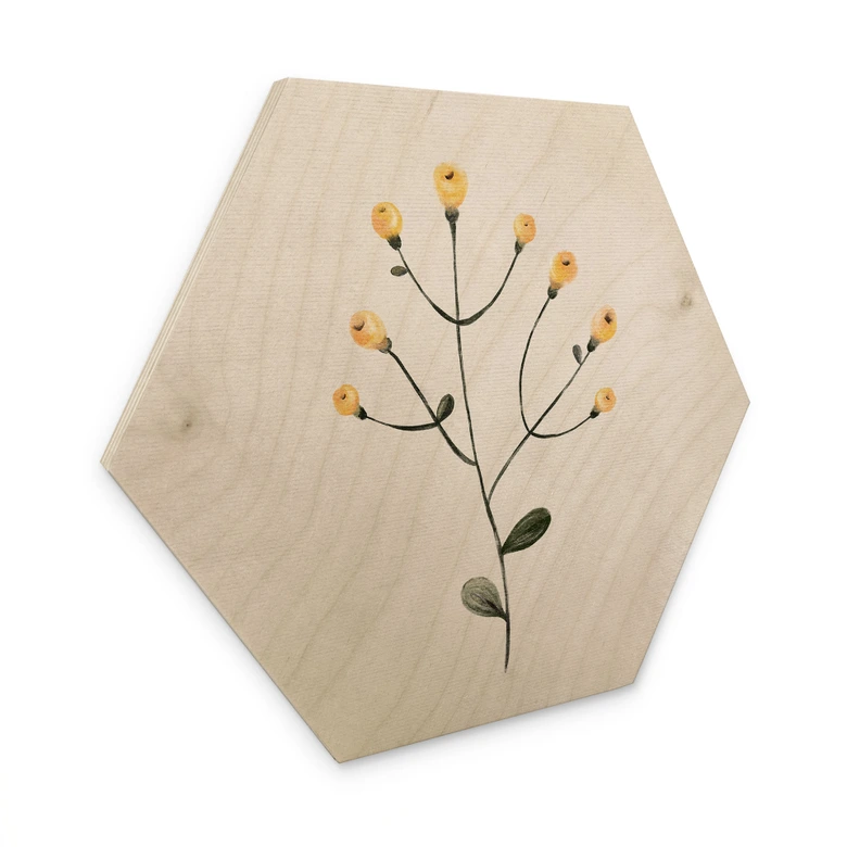 Hexagon Holzbild Zarte Pflanze mit gelben Blüten - Goed Blauw 