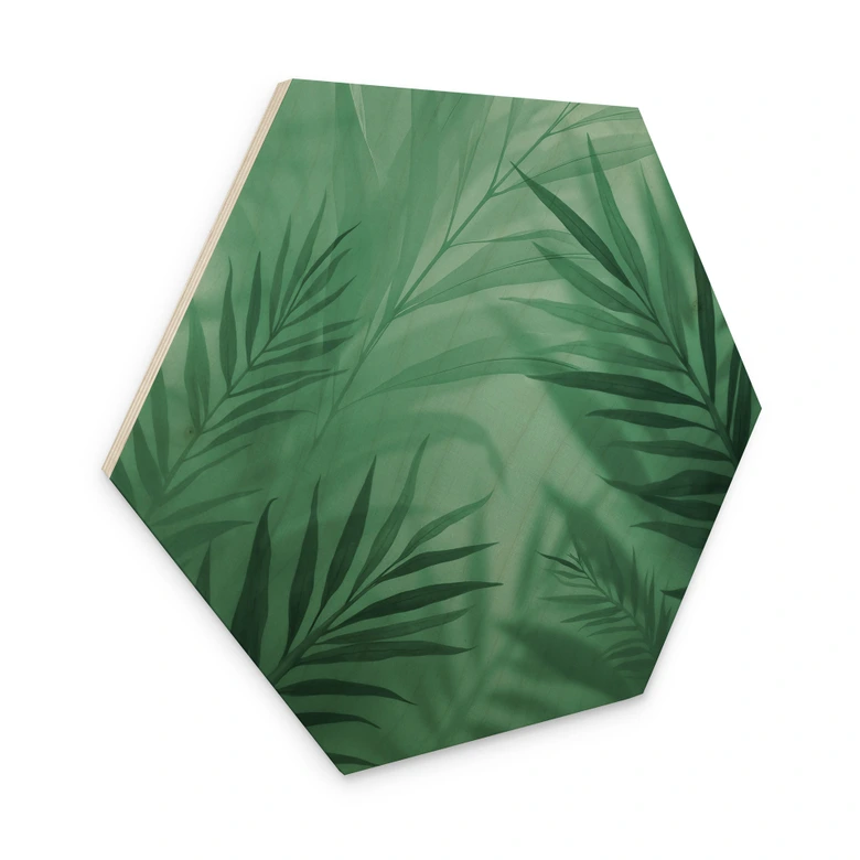 Hexagon-Holzbild Grüne Palmenblätter 