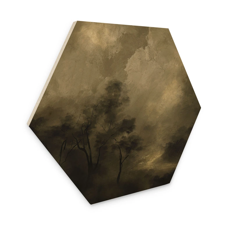 Hexagon Holzbild Bäume im Nebel der Dämmerung - Hobday 