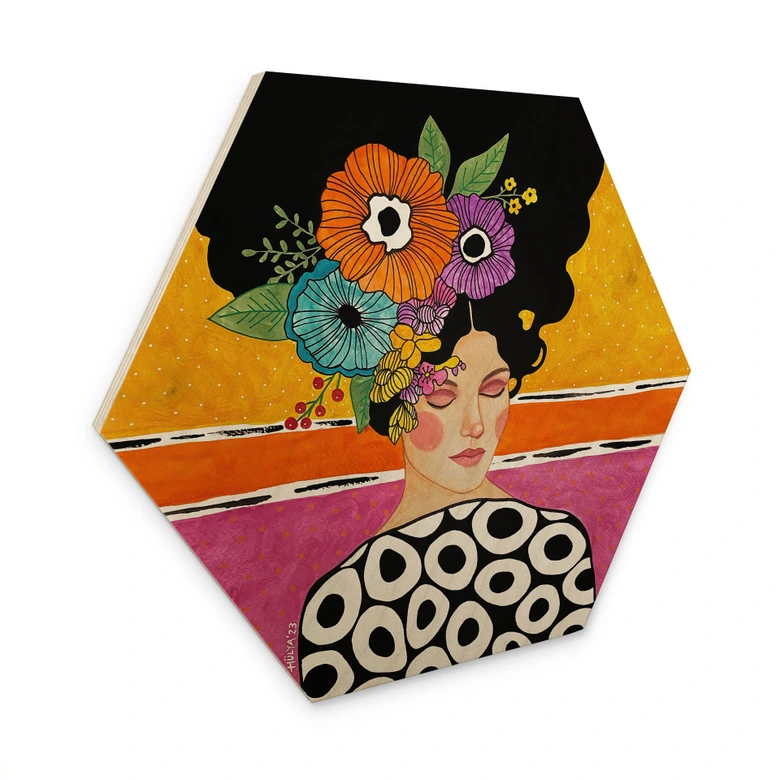 Hexagon Holzbild Frau mit bunter Blumenkrone - Hülya 