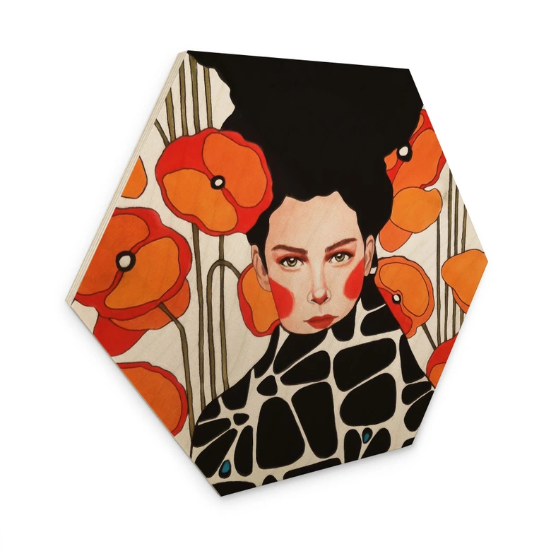 Hexagon Holzbild Frau mit Retro-Mohnblumen - Hülya 
