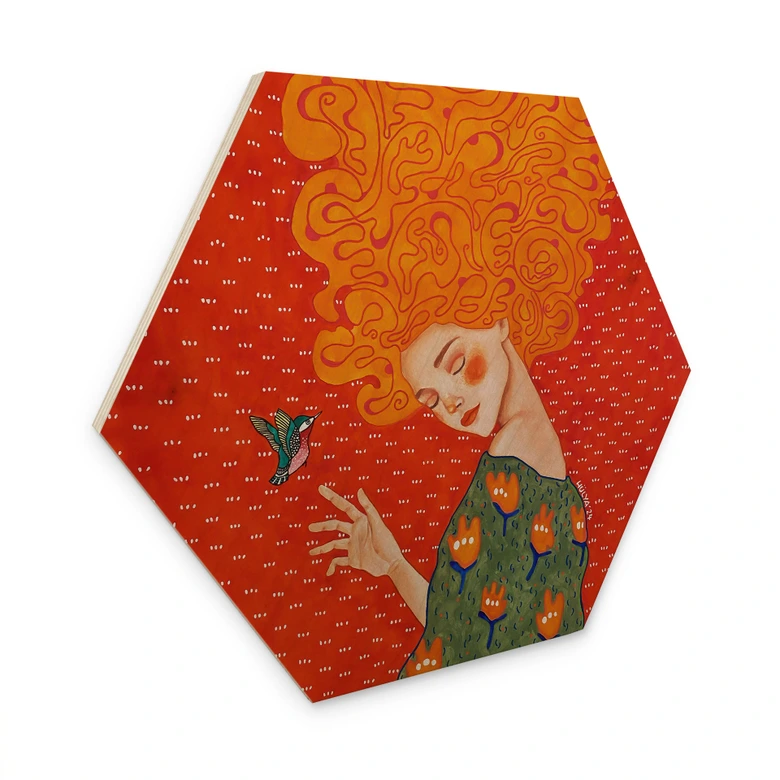 Tableau sur bois hexagonal Colibri et femme dans la lumière rouge - Hülya 