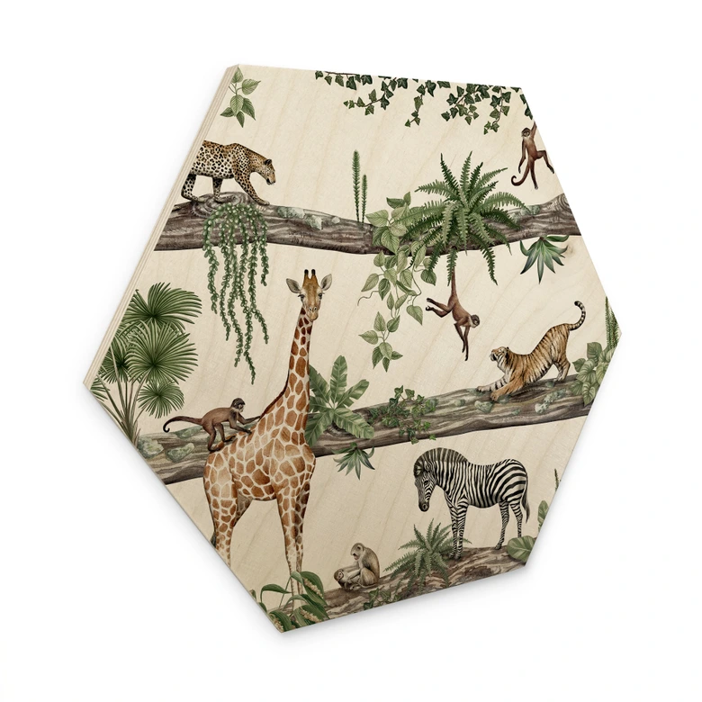 Hexagon Holzbild Afrikanische Tiere im Dschungel - Kikki Belle 