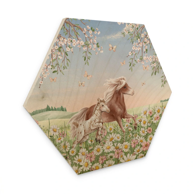 Hexagon Holzbild Pferde auf der Blumenwiese - Kikki Belle 