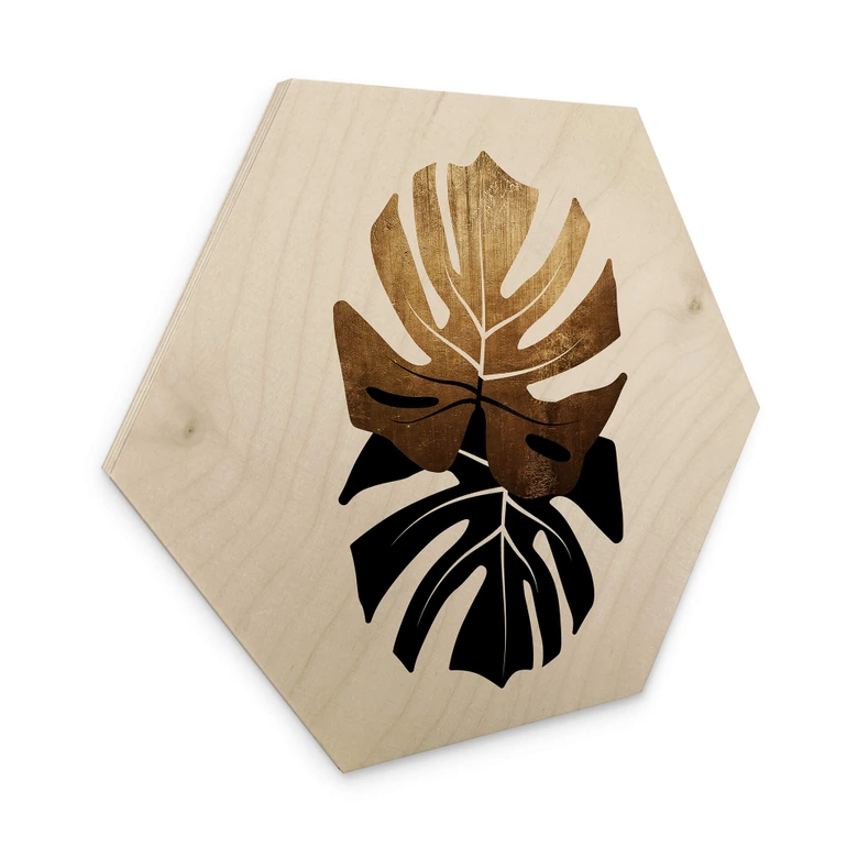 Hexagon - Holz Kubistika - Schwarz-goldene Monstera Blätter 