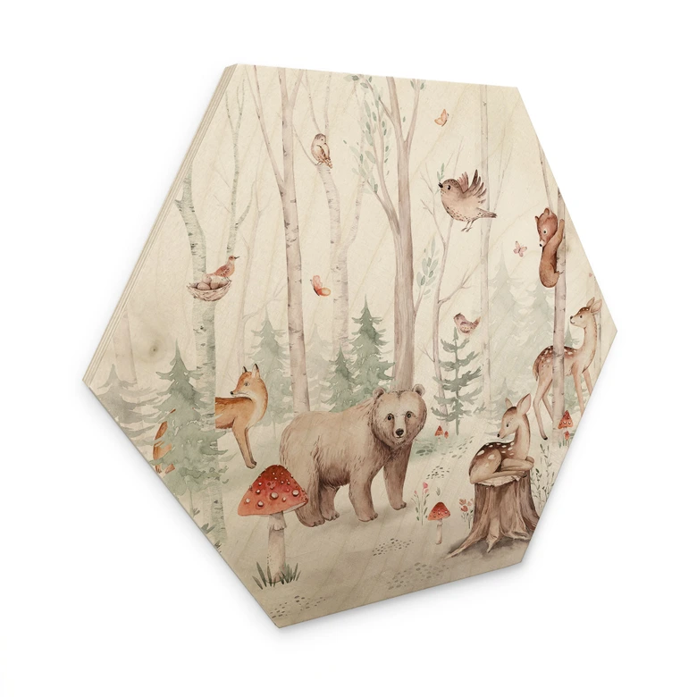 Tableau sur bois Hexagon Animaux de la forêt en automne - Kvilis 