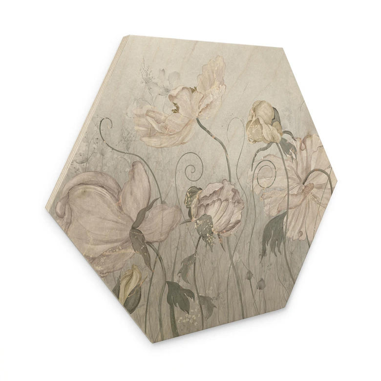 Hexagon Holzbild Blumen im Vintage Stil in Grau - Ms Tiff 