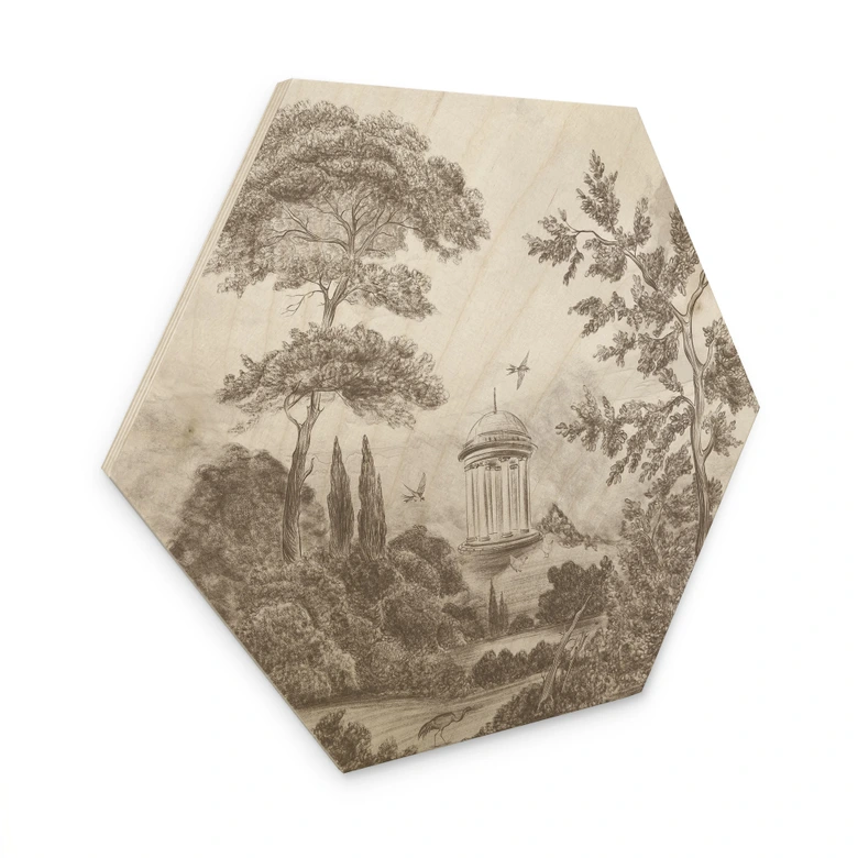 Hexagon Holzbild Landschaft mit Gartenlandschaft in Beige - Ms Tiff 