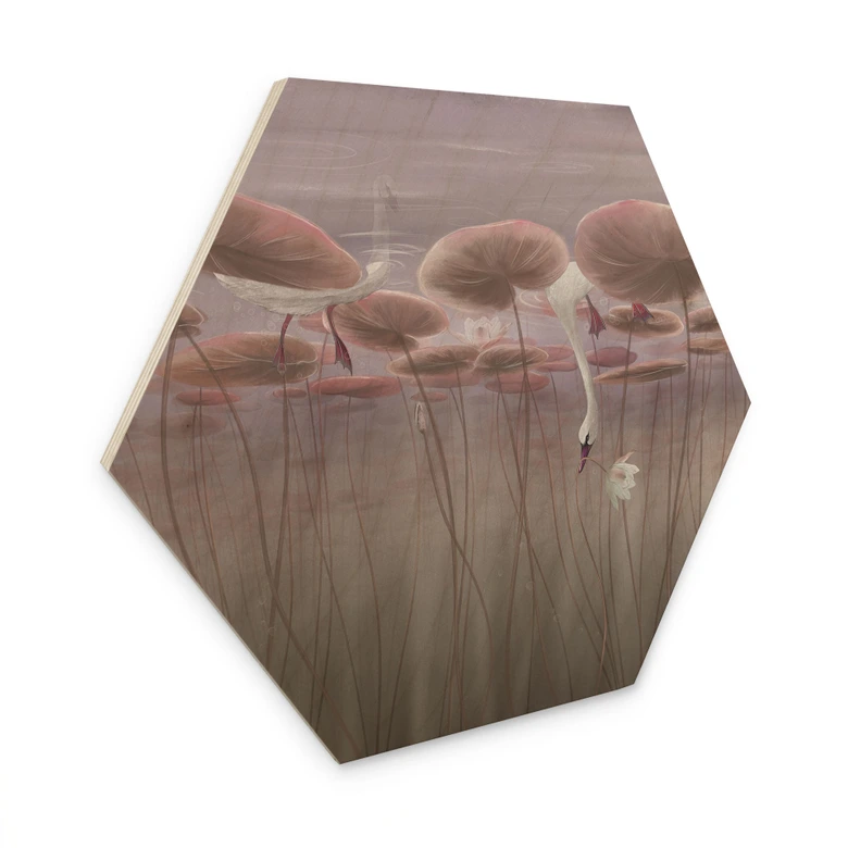 Hexagon Holzbild Lotusblumen mit Schwan im Wasser in Altrosa - Ms Tiff 